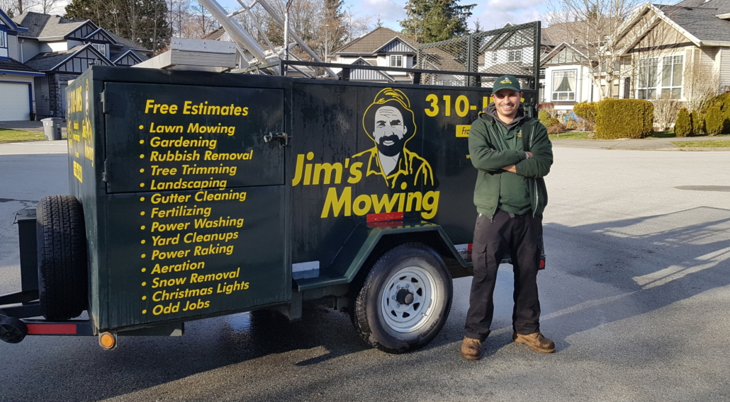 Bal Toor our Jim’s Mowing franchisee in Surrey and North Delta in front of trailer