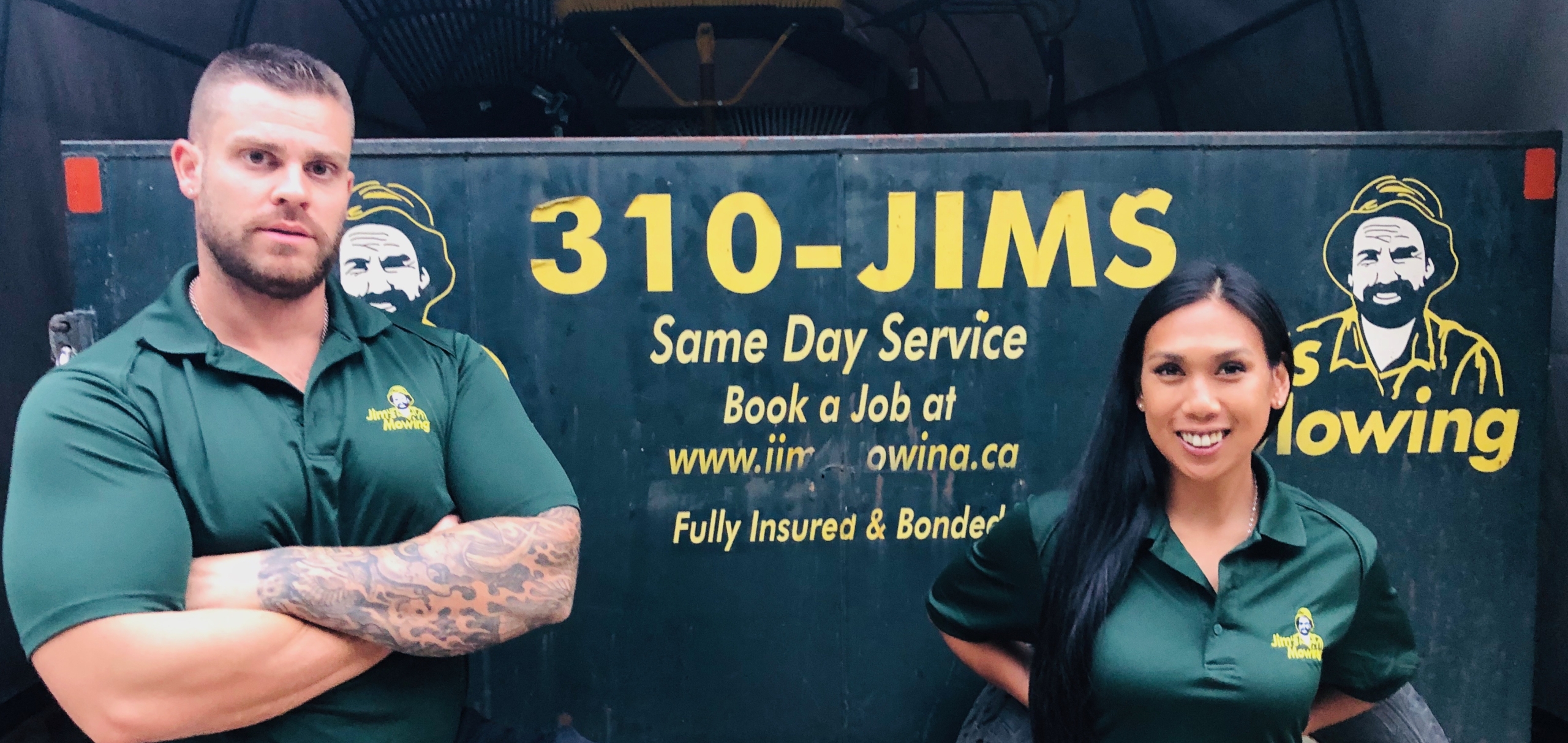 Annabelle Ilano And Will Nezezon our Jim’s Mowing franchisee in Maple Ridge in front of his trailer