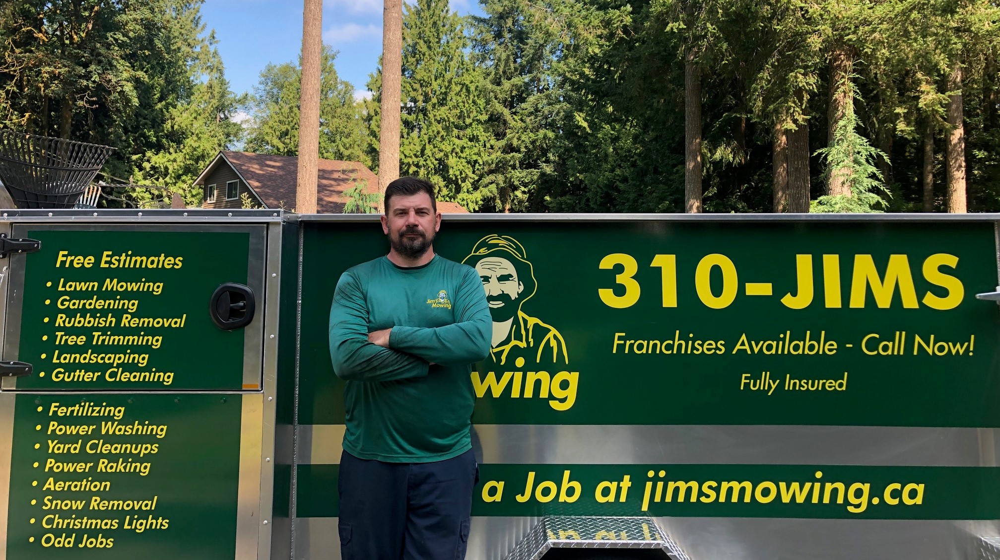 Mike McInnes our Jim’s Mowing franchisee in Langley in front of trailer