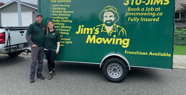 Steve and Gillian Campbell our Jim’s Mowing franchisee in Nanaimo, South Parksville and Nanoose in front of trailer